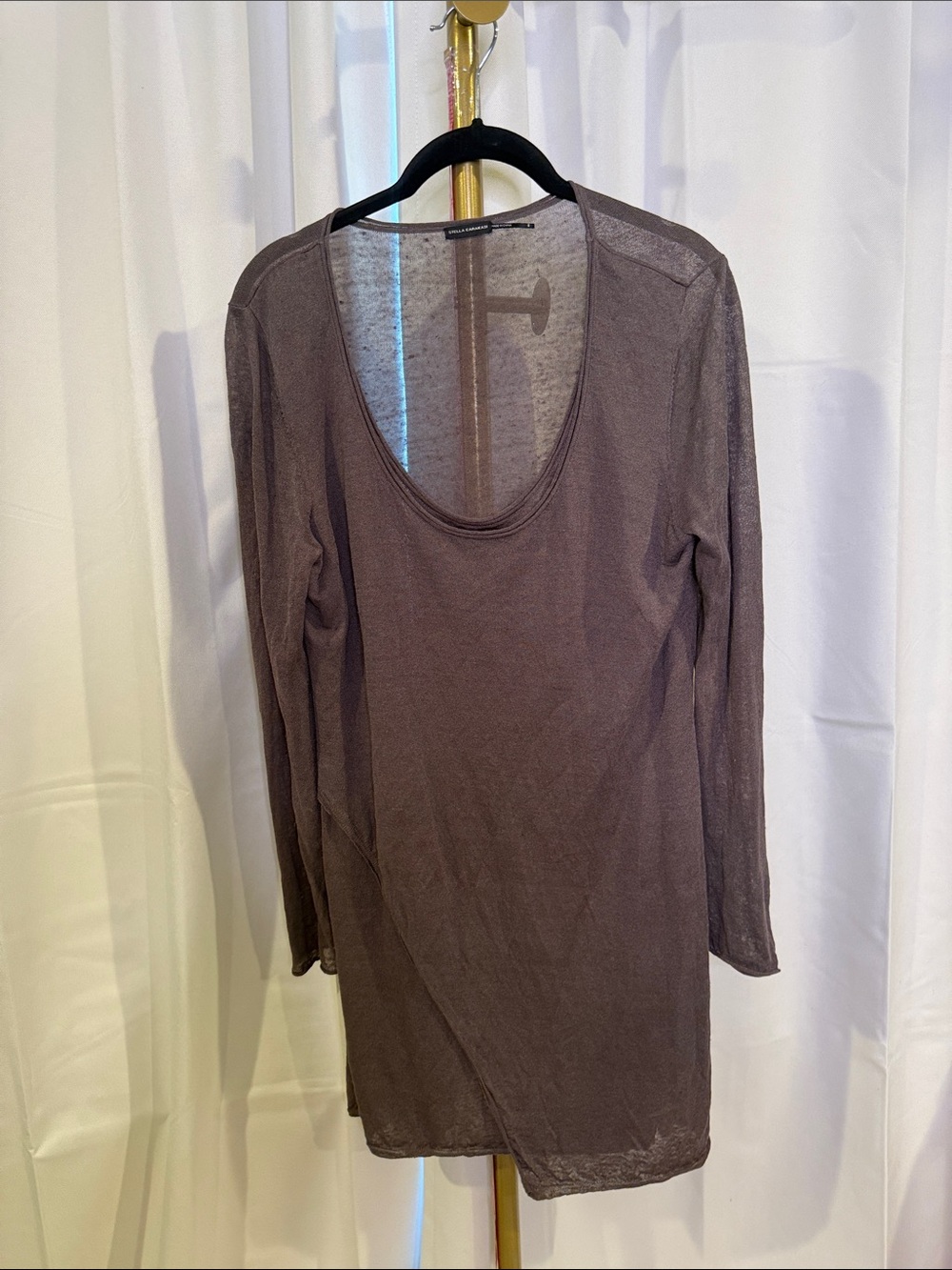 Stella Carakasi Long Sleeve Scoop Neck Top Taupe Brown Asymmetrical Linen